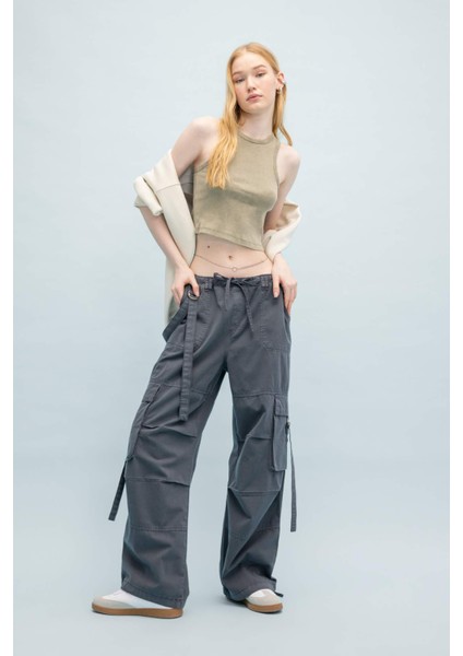 Coool Gabardin Kışlık Pantolon Basic Düz Wide Leg Geniş Bol Paça Bağcıklı Normal Bel Kargo Cepli B1205AX24SP