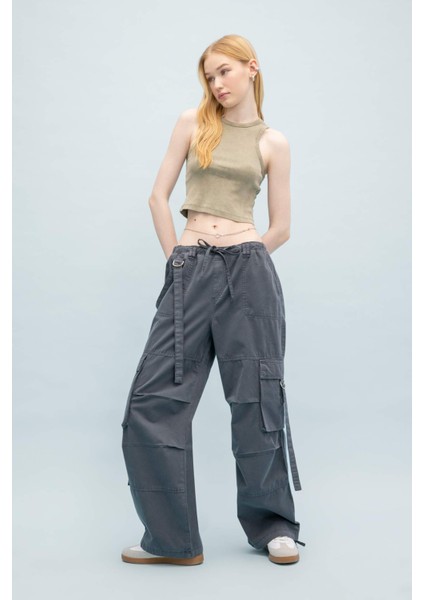 Coool Gabardin Kışlık Pantolon Basic Düz Wide Leg Geniş Bol Paça Bağcıklı Normal Bel Kargo Cepli B1205AX24SP