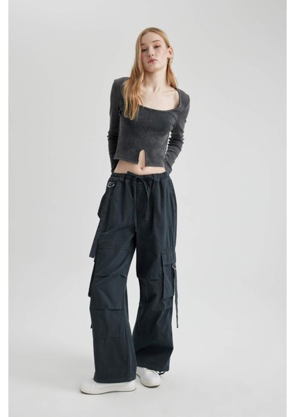 Coool Gabardin Kışlık Pantolon Basic Düz Wide Leg Geniş Bol Paça Bağcıklı Normal Bel Kargo Cepli B1205AX24SP