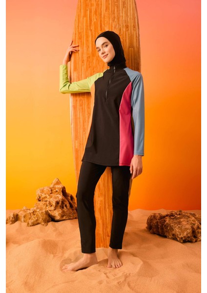 Regular Fit Renk Bloklu 4'lü Basic Düz Burkini Tesettür Mayo Takım B5237AX24SM