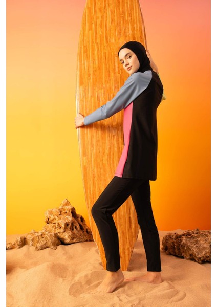Regular Fit Renk Bloklu 4'lü Basic Düz Burkini Tesettür Mayo Takım B5237AX24SM