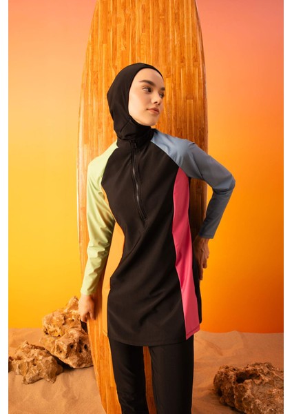 Regular Fit Renk Bloklu 4'lü Basic Düz Burkini Tesettür Mayo Takım B5237AX24SM