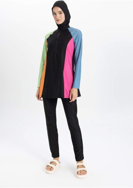 Regular Fit Renk Bloklu 4'lü Basic Düz Burkini Tesettür Mayo Takım B5237AX24SM