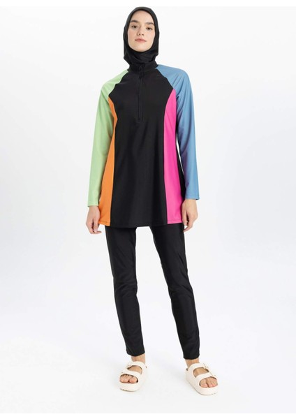 Regular Fit Renk Bloklu 4'lü Basic Düz Burkini Tesettür Mayo Takım B5237AX24SM