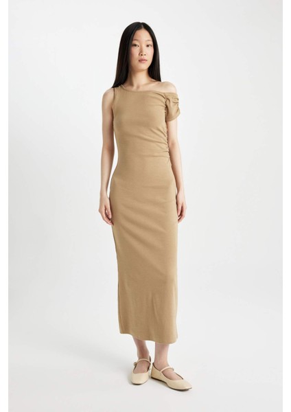 Bodycon Vücudu Saran Tek Omuzlu Fitilli Kaşkorse Kısa Kollu Midi Elbise D1448AX24SM