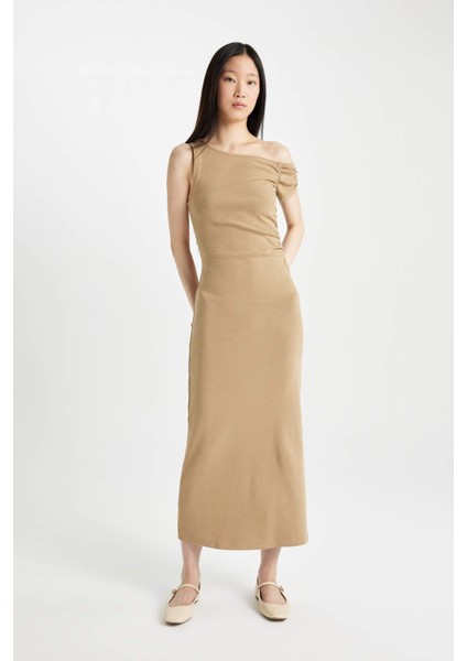 Bodycon Vücudu Saran Tek Omuzlu Fitilli Kaşkorse Kısa Kollu Midi Elbise D1448AX24SM