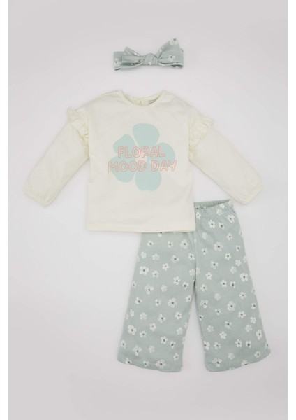 Kız Bebek Çiçekli Uzun Kollu Tişört Pantolon Saç Bandı 3'lü Takım C2154A524SP