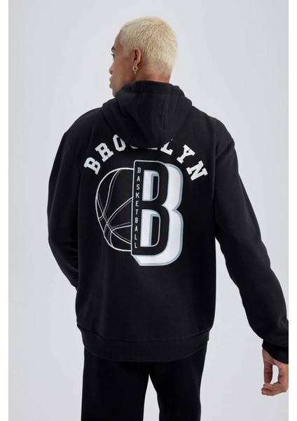 DeFactoFit NBA Brooklyn Nets Standart Fit Kapüşonlu Kalın Sweatshirt A9679AX23WN