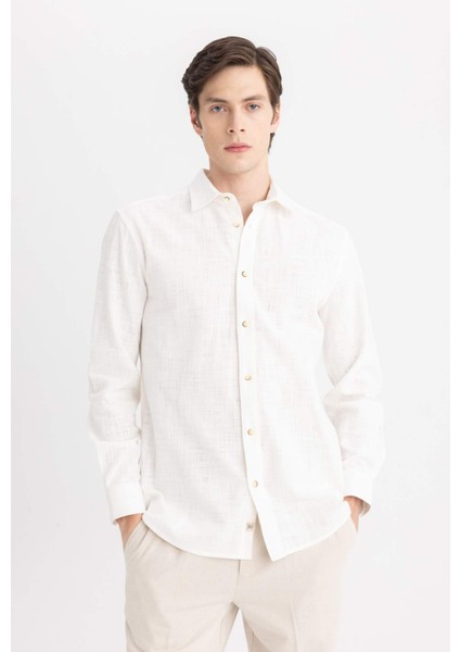 Regular Fit Polo Yaka Uzun Kollu Pamuklu Keten Görünümlü Gömlek B4129AX24SP