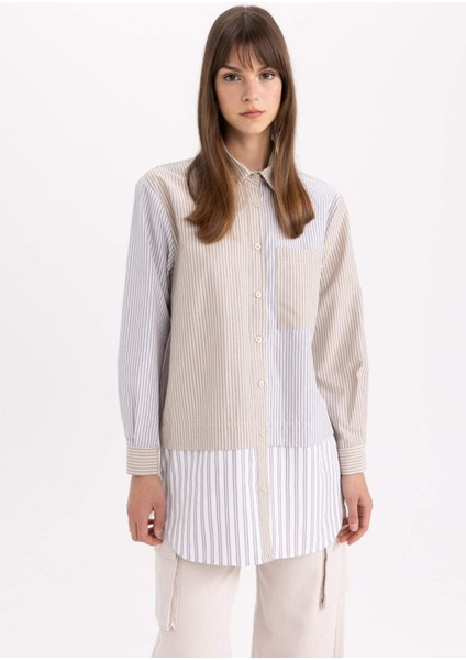 Relax Fit Çizgili Poplin Uzun Kollu Gömlek Tunik B6845AX24SP