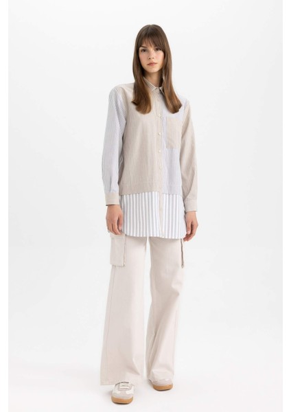 Relax Fit Çizgili Poplin Uzun Kollu Gömlek Tunik B6845AX24SP