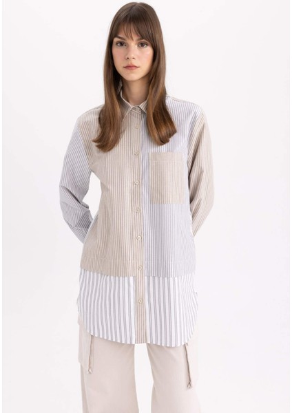 Relax Fit Çizgili Poplin Uzun Kollu Gömlek Tunik B6845AX24SP