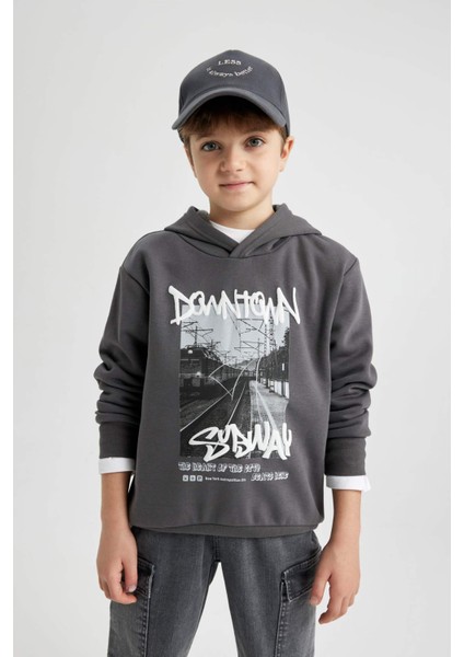 Erkek Çocuk Kapüşonlu Baskılı Kalın Sweatshirt B5862A823CW