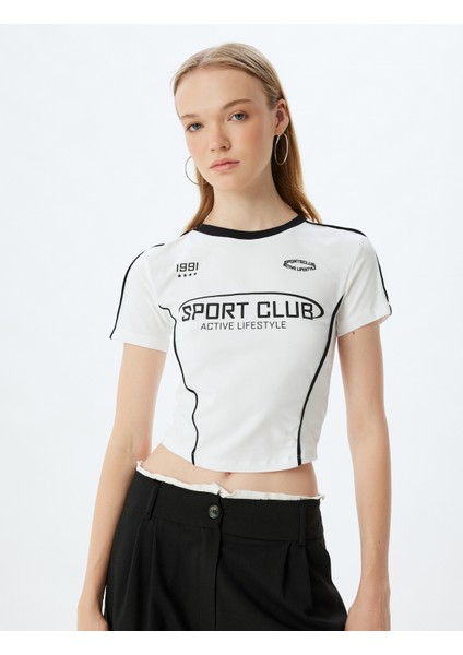 Crop Tişört Slogan Baskılı Biyeli Bisiklet Yaka Kısa Kollu Pamuklu Slim Fit