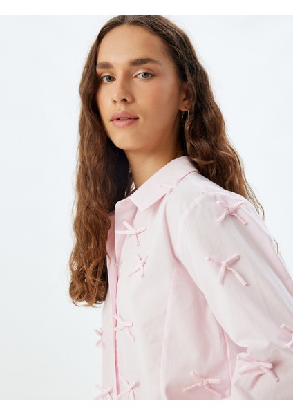 Fiyonklu Poplin Crop Gömlek Slim Fit Uzun Kollu