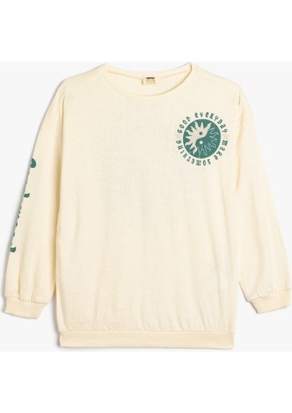 Slogan Baskılı Sweatshirt Boxy Bisiklet Yaka Şardonlu Pamuklu