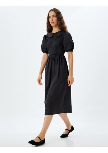 Kısa Balon Kol Poplin Elbise Midi Boy Bebe Yaka Pamuklu