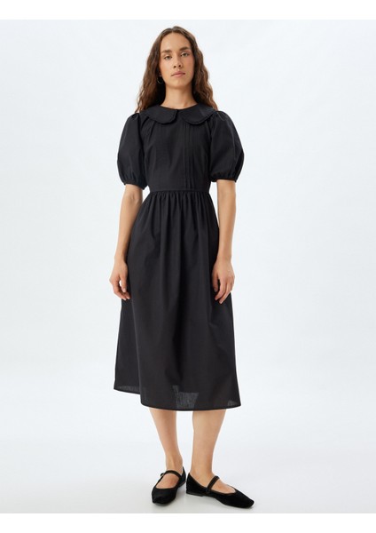 Kısa Balon Kol Poplin Elbise Midi Boy Bebe Yaka Pamuklu modelleri