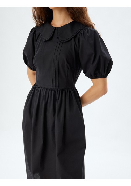 Kısa Balon Kol Poplin Elbise Midi Boy Bebe Yaka Pamuklu indirimleri