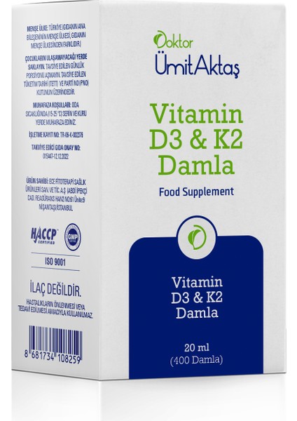 Dr. Ümit Aktaş D3 K2 Vitamin Damlası - 400 Damla