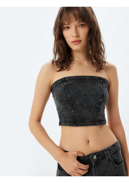 Crop Straplez Büstiyer Soluk Efektli Pamuklu Slim Fit