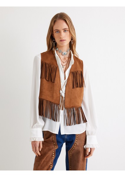 Püsküllü Süet Yelek Crop Boy Rahat Kalıp modelleri