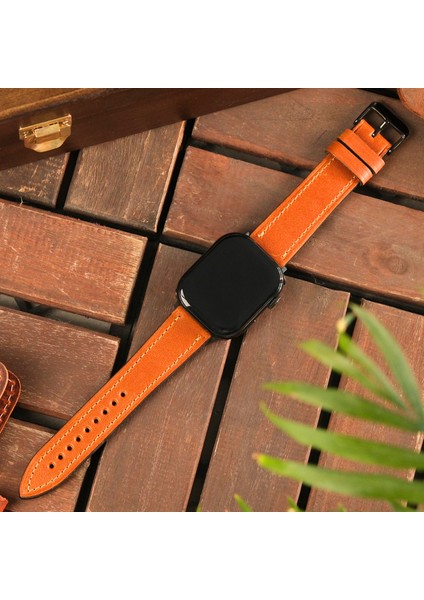 Apple Watch Kordon 38MM 40MM 41MM 3 4 5 6 7 Se 8 9 Uyumlu Hardal Rengi Hakiki Deri Kayış