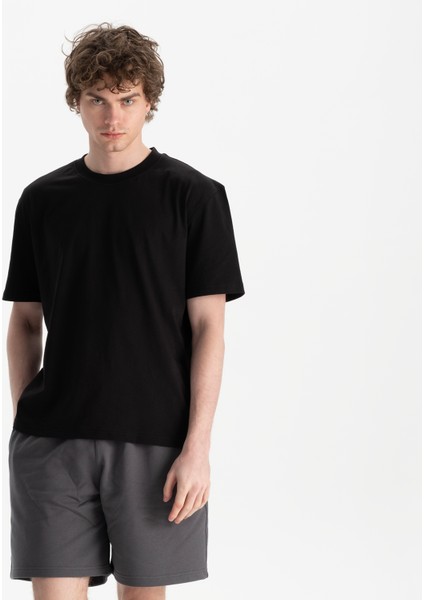 Erkek Siyah %100 Organik Pamuk Relax Fit Bisiklet Yaka T-Shirt