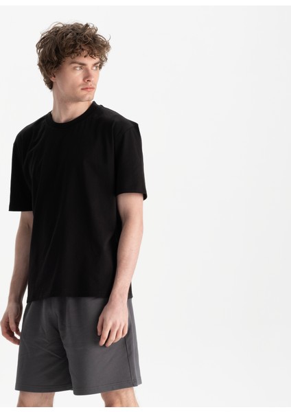 Erkek Siyah %100 Organik Pamuk Relax Fit Bisiklet Yaka T-Shirt