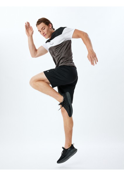 Spor Tişört Slogan Baskılı Bisiklet Yaka Renk Bloklu Kısa Kollu