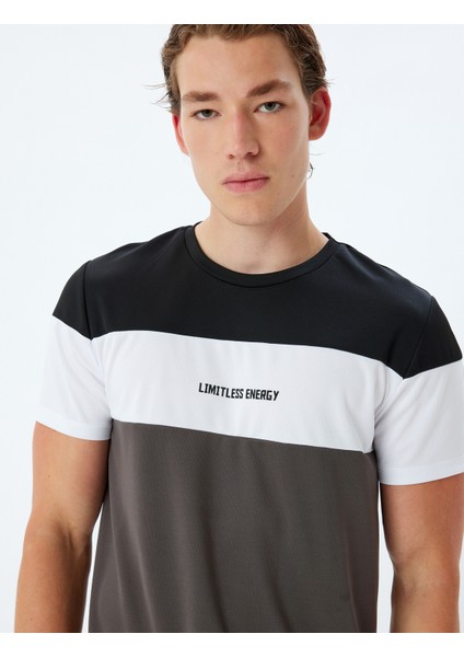 Spor Tişört Slogan Baskılı Bisiklet Yaka Renk Bloklu Kısa Kollu fiyatları