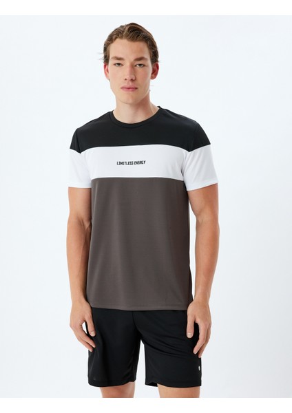 Spor Tişört Slogan Baskılı Bisiklet Yaka Renk Bloklu Kısa Kollu modelleri