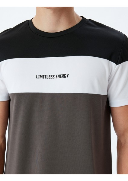 Spor Tişört Slogan Baskılı Bisiklet Yaka Renk Bloklu Kısa Kollu indirimleri