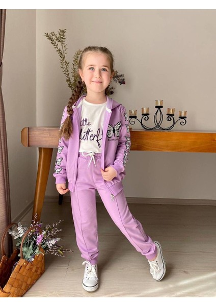 Kelebek Baskılı Çimalı Kapüşonlu 3'lü Kız Takım - Mor
