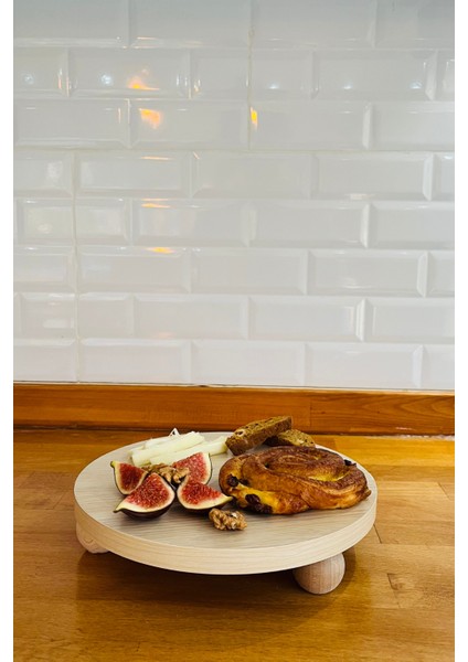 Justwood Mdf Tabaklı Kayın Top Ayaklı Risus Yuvarlak Pasta Sunum Servis Tabağı