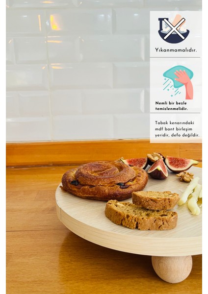 Justwood Mdf Tabaklı Kayın Top Ayaklı Risus Yuvarlak Pasta Sunum Servis Tabağı