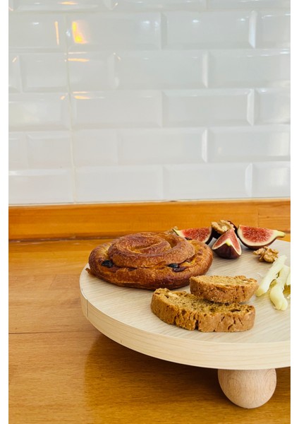 Justwood Mdf Tabaklı Kayın Top Ayaklı Risus Yuvarlak Pasta Sunum Servis Tabağı