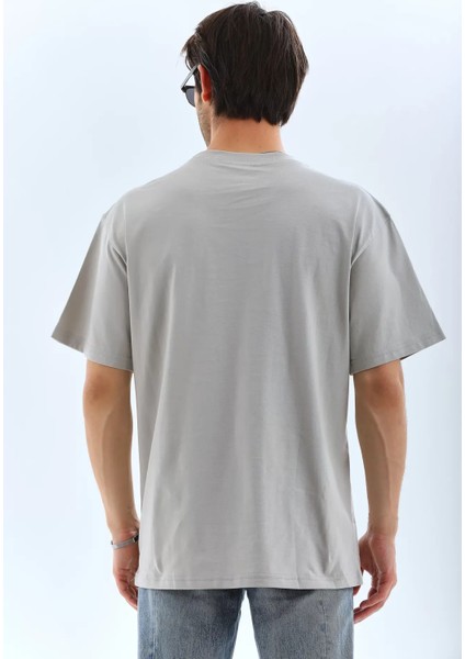 Oversize Taşlı Bisiklet Yaka T-Shirt - Gri