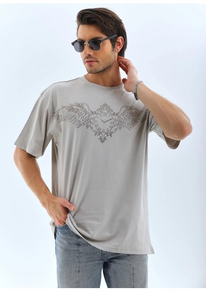 Oversize Taşlı Bisiklet Yaka T-Shirt - Gri