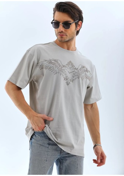 Oversize Taşlı Bisiklet Yaka T-Shirt - Gri