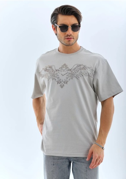 Oversize Taşlı Bisiklet Yaka T-Shirt - Gri