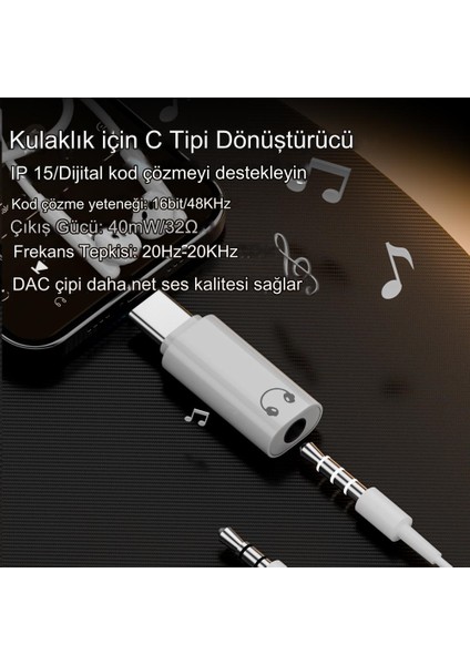 Type C To 3.5mm Dac Kulaklık Dönüştürücü iPhone 15 ve Type C Telefon ile Uyumlu Çevirici Otgax