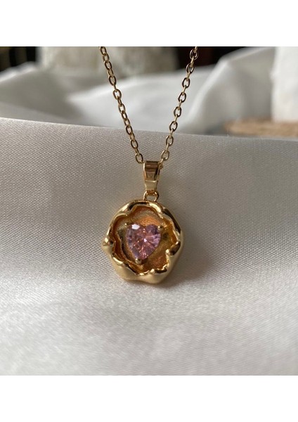 Jewelry Shop Çelik Gold Pembe Kalp Yuvarlak Kolye