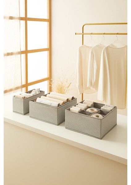 3'lü Bölmeli Gri Çekmece İçi Dolap Çamaşır Düzenleyici Katlanır Saklama Kutusu Organizer Set