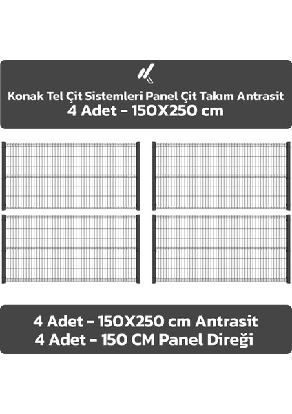 ÇİT SİSTEMLERİ 4 ADET PANEL TAKIM (4 ADET PANEL ÇİT TELİ 150X250 CM + 4 ADET PANEL ÇİT DİREĞİ 150 CM)