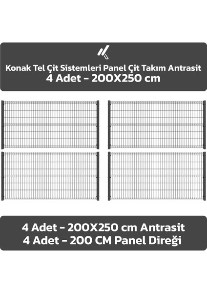 ÇİT SİSTEMLERİ 4 ADET PANEL TAKIM (4 ADET PANEL ÇİT TELİ 200X250 CM + 4 ADET PANEL ÇİT DİREĞİ 20 CM)