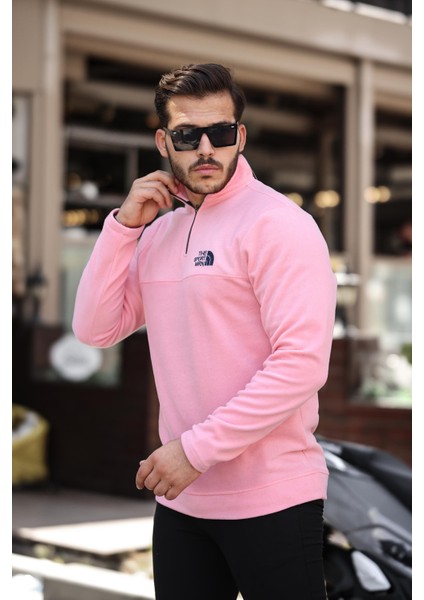 Pembe Unisex Nakışlı Dik Yaka Yarım Fermuarlı Polar Sweatshirt- 2321