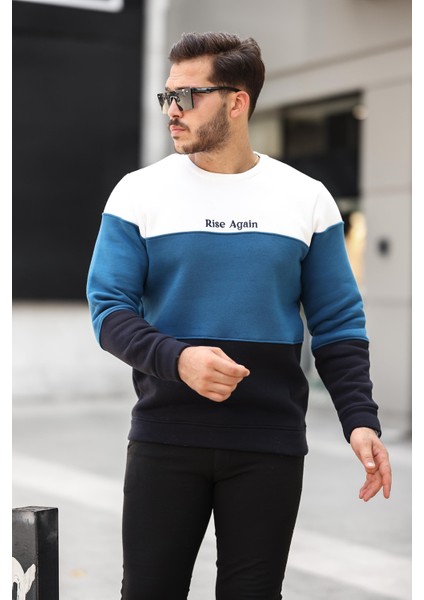 Beyaz Petrol Lacivert Üç Renk Blok Parçalı Sıfır Yaka Üç iplik Regular Fit Sweatshirt- 2436