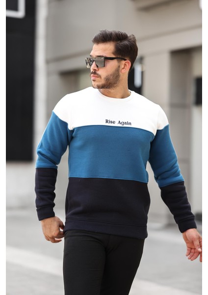 Beyaz Petrol Lacivert Üç Renk Blok Parçalı Sıfır Yaka Üç iplik Regular Fit Sweatshirt- 2436