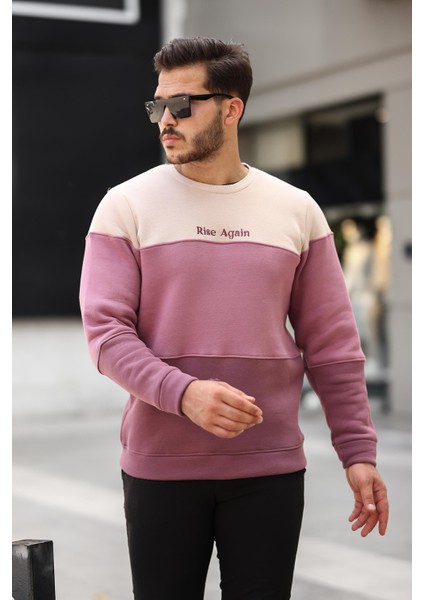 Bej Gül Kurusu Mürdüm Üç Renk Blok Parçalı Sıfır Yaka Üç iplik Regular Fit Sweatshirt- 2436